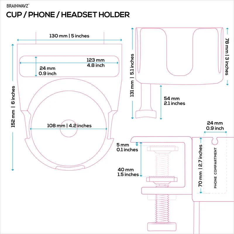 Porte-gobelet de bureau avec support pour casque et téléphone, support pour stylo et papeterie - Pince réglable, s'installe sur les bureaux et les tables, peut contenir des tasses et des tasses jusqu'à 10 cm de diamètre