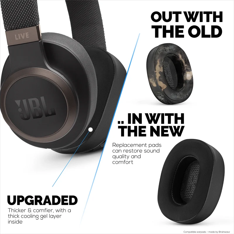 Coussinets d'oreille hybrides pour casques JBL E65 (E65BT E65BTNC), Live 650 (650NC 650BTNC), Live 660 (660NC 660BTNC) et Duet NC, gel froid, tissu ultra doux, cuir PU et mousse à mémoire de forme plus épaisse