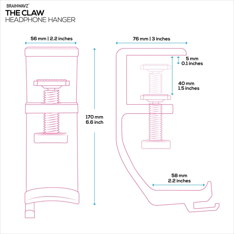Brainwavz Claw – Support pour casque sous le bureau, à visser, facile à installer avec pince de montage réglable, convient à tous les casques