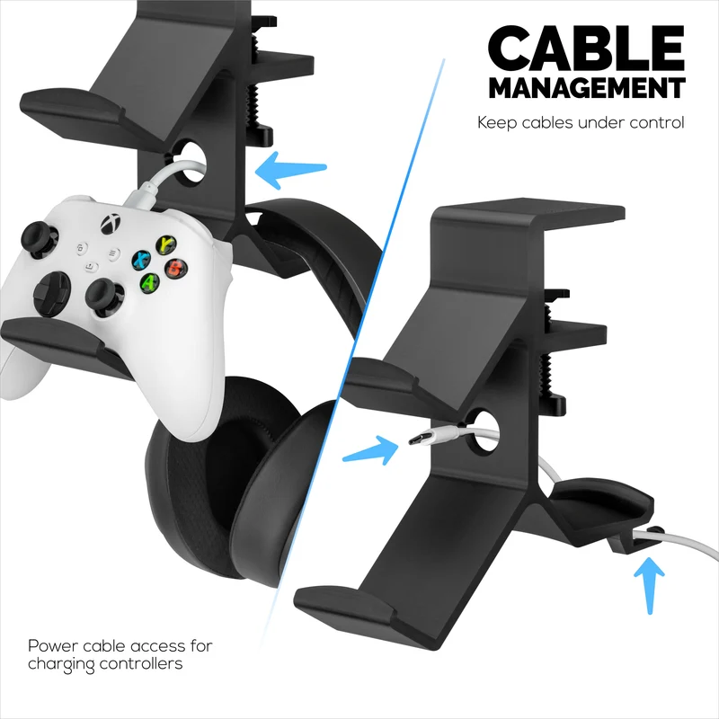 The Grebe - Support pour casque et double manette de jeu - Se fixe sur le côté du bureau, sous le support de casque de bureau, convient à tous les écouteurs et manettes de jeu