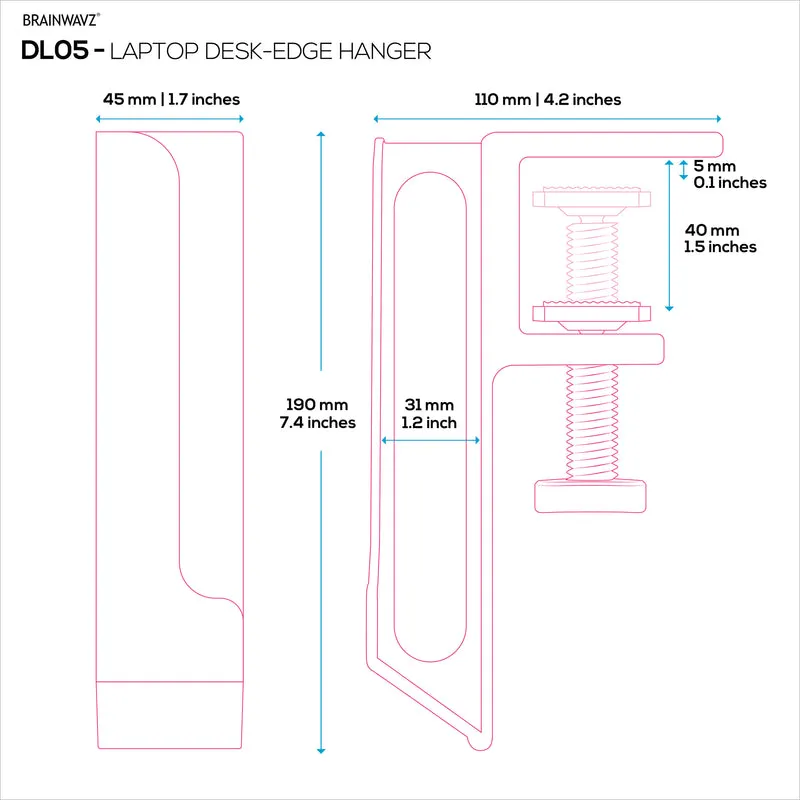 Support pour ordinateur portable pour côté du bureau, 1.2" / 31 mm, largeur réglable, idéal pour les MacBook, Surface, claviers, commutateurs, tablettes et plus encore