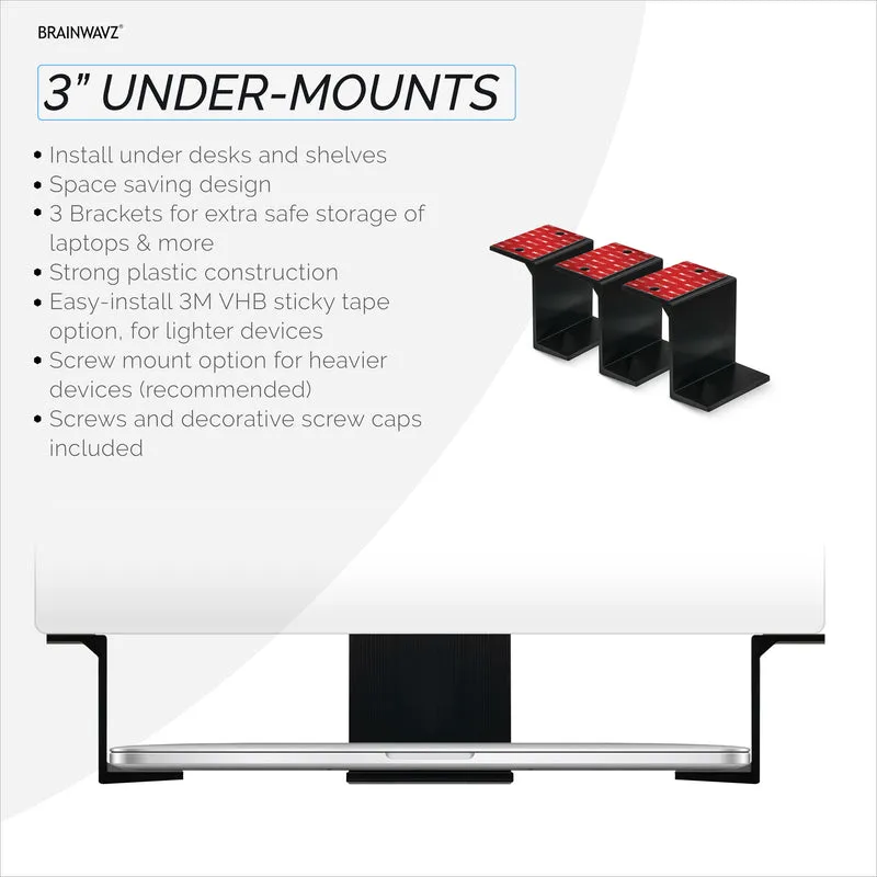 Support de bureau pour ordinateur portable et autres appareils jusqu'à 7,6 cm (3 pouces), fixation adhésive et à visser. Convient aux appareils jusqu'à 7,6 cm (3 pouces) tels que petits ordinateurs, ordinateurs portables, MacBook, Surface, claviers, routeurs, modems, décodeurs, commutateurs réseau, etc.