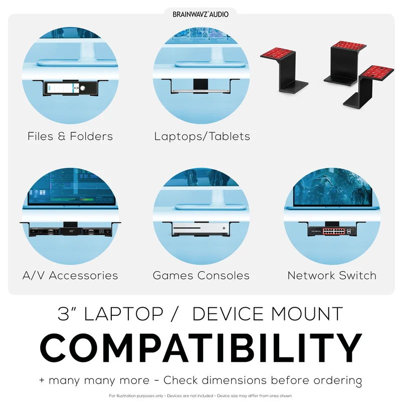 Support de bureau pour ordinateur portable et autres appareils jusqu'à 7,6 cm (3 pouces), fixation adhésive et à visser. Convient aux appareils jusqu'à 7,6 cm (3 pouces) tels que petits ordinateurs, ordinateurs portables, MacBook, Surface, claviers, routeurs, modems, décodeurs, commutateurs réseau, etc.