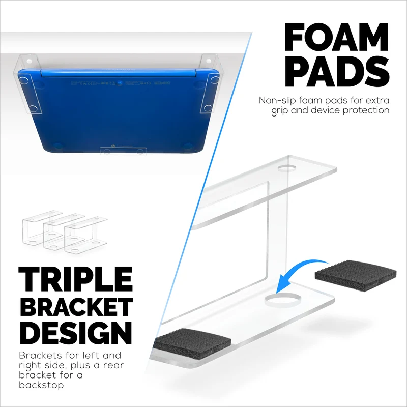 Support pour ordinateur portable sous le bureau Support transparent VHB et appareils à visser comme les ordinateurs portables Macbooks Surface Clavier Routeurs Modems Boîte de câble Commutateur réseau et plus