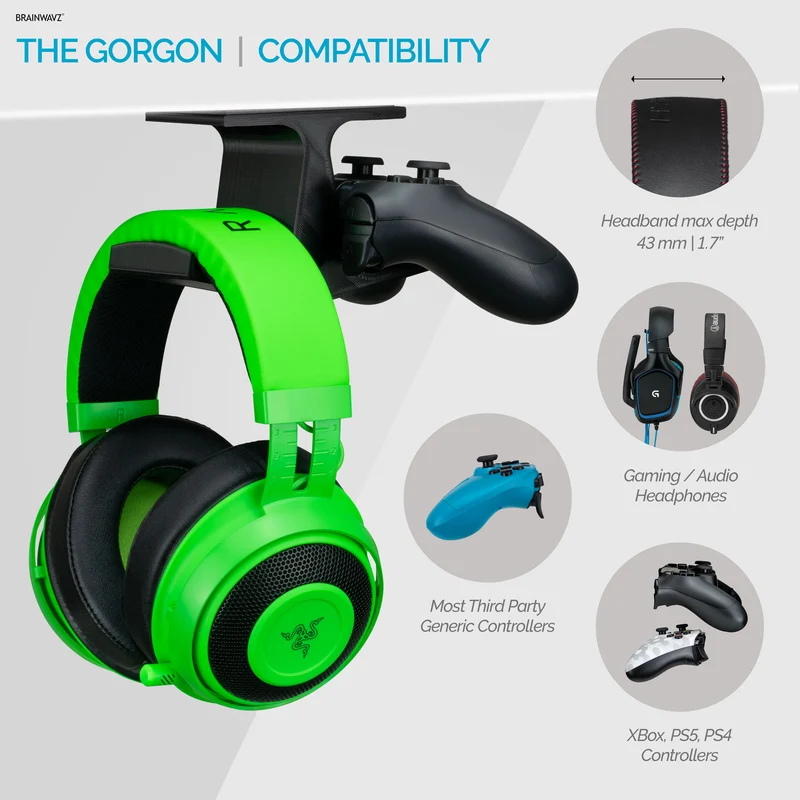 The Gorgon - Support de suspension pour casque et contrôleur de jeu sous le bureau - Convient pour Xbox, PS5/PS4, support adhésif universel, sans vis