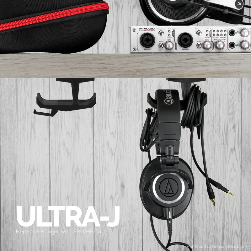 Ultra-J : Support de suspension pour casque sous le bureau avec crochet de câble
