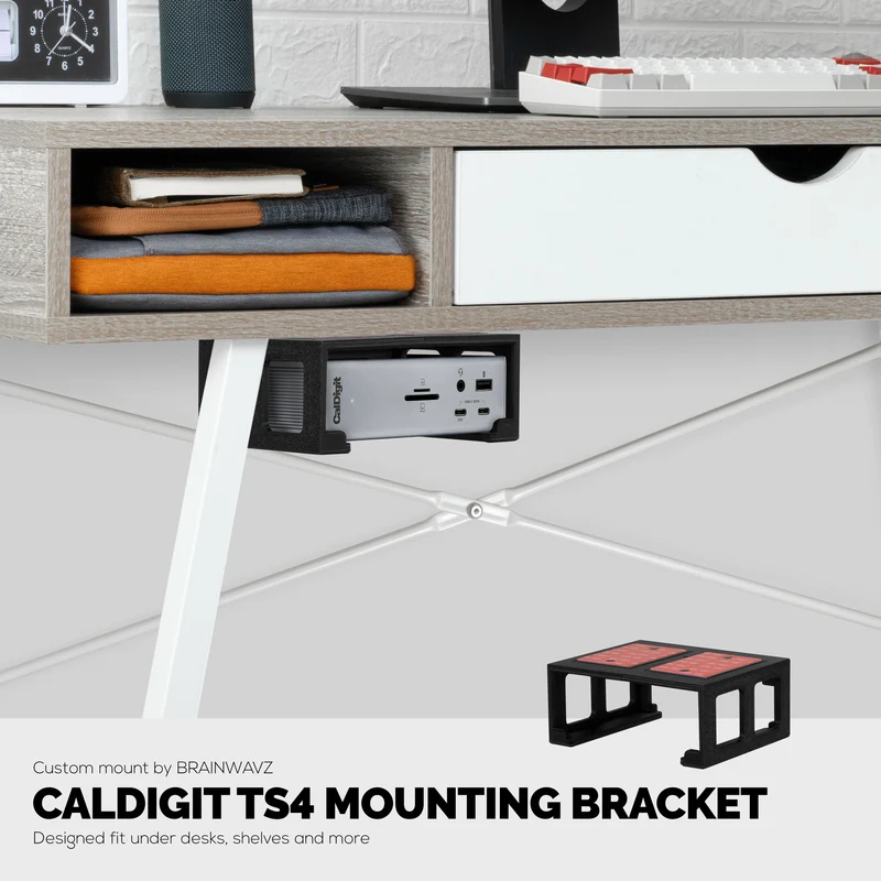 Support de montage sous le bureau compatible avec Caldigit TS4 Thunderbolt Station 4 - Station d'accueil peu encombrante, facile à installer, adhésive et à visser, réduit l'encombrement, libère de l'espace sur le bureau
