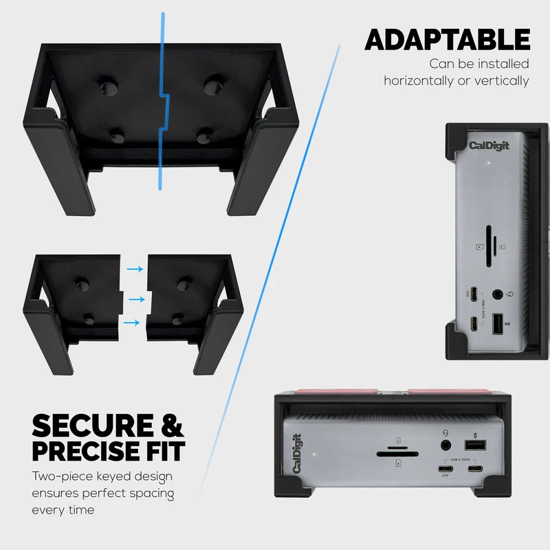 Support de montage sous le bureau compatible avec Caldigit TS4 Thunderbolt Station 4 - Station d'accueil peu encombrante, facile à installer, adhésive et à visser, réduit l'encombrement, libère de l'espace sur le bureau