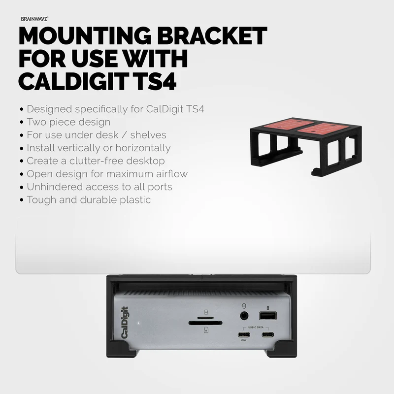 Support de montage sous le bureau compatible avec Caldigit TS4 Thunderbolt Station 4 - Station d'accueil peu encombrante, facile à installer, adhésive et à visser, réduit l'encombrement, libère de l'espace sur le bureau