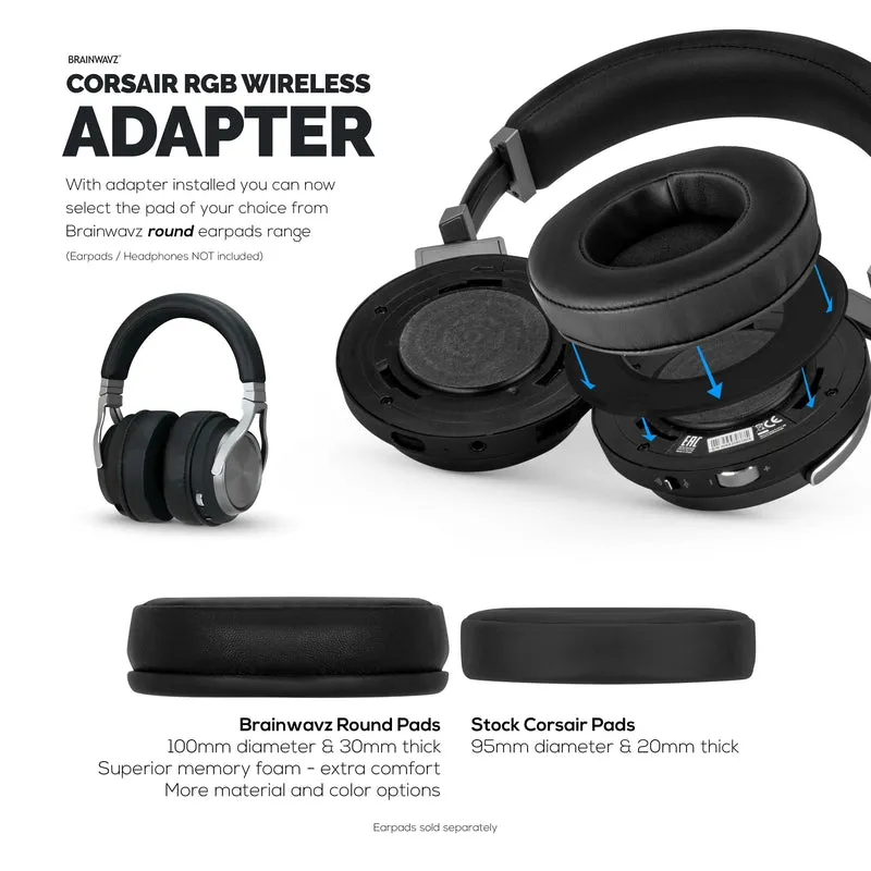 Anneau adaptateur d'écouteur pour casque de jeu sans fil Corsair Virtuoso RGB - À utiliser avec les coussinets d'oreille ronds de remplacement Brainwavz de 100 mm
