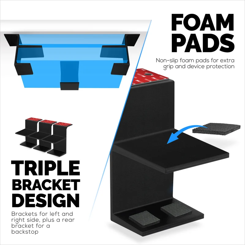 Support de bureau double pour ordinateurs portables et appareils jusqu'à 3 cm d'épaisseur comme les routeurs Boîte de câble Petits ordinateurs Macbook Surface Clavier Modems Commutateur réseau et plus