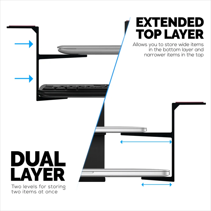Support de bureau double pour ordinateurs portables et appareils jusqu'à 3 cm d'épaisseur comme les routeurs Boîte de câble Petits ordinateurs Macbook Surface Clavier Modems Commutateur réseau et plus