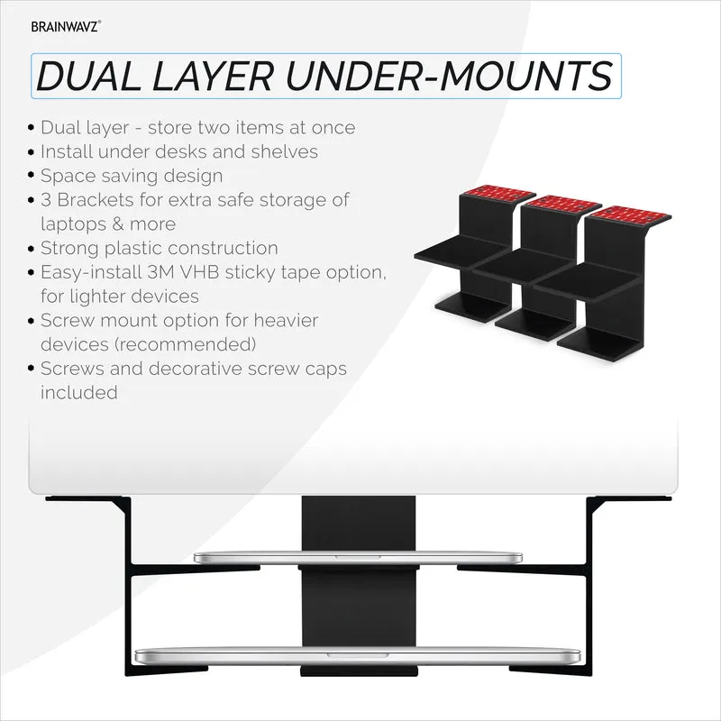 Support de bureau double pour ordinateurs portables et appareils jusqu'à 3 cm d'épaisseur comme les routeurs Boîte de câble Petits ordinateurs Macbook Surface Clavier Modems Commutateur réseau et plus