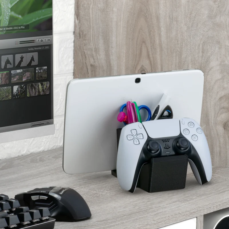 Organiseur de bureau avec support pour manette de jeu, support de tablette pour iPad/iPhone, télécommande TV et stockage de stylet, réduit l'encombrement du bureau, ayez tous vos articles de table d'appoint dans un seul espace.