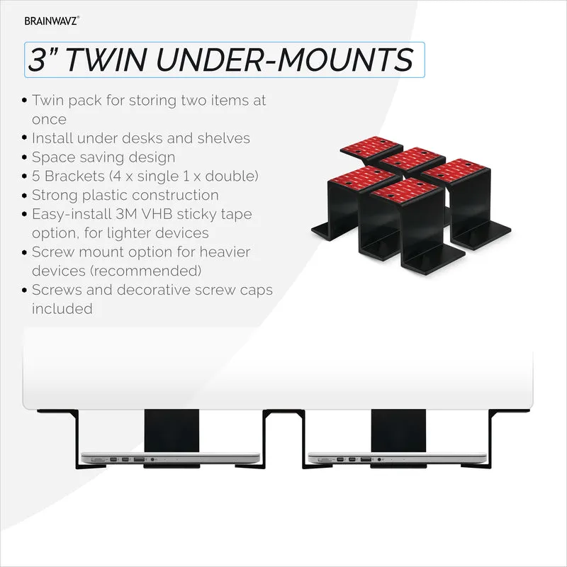 Support pour ordinateur portable et appareil double sous le bureau, adhésif et à visser, appareils jusqu'à 3 cm comme les petits ordinateurs portables Macbook Surface Clavier Routeurs Modems Boîte de câble Commutateur réseau et plus
