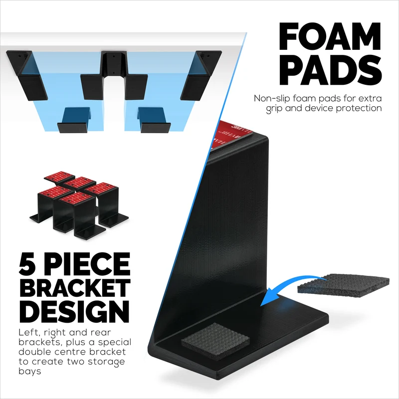 Support pour ordinateur portable et appareil double sous le bureau, adhésif et à visser, appareils jusqu'à 3 cm comme les petits ordinateurs portables Macbook Surface Clavier Routeurs Modems Boîte de câble Commutateur réseau et plus