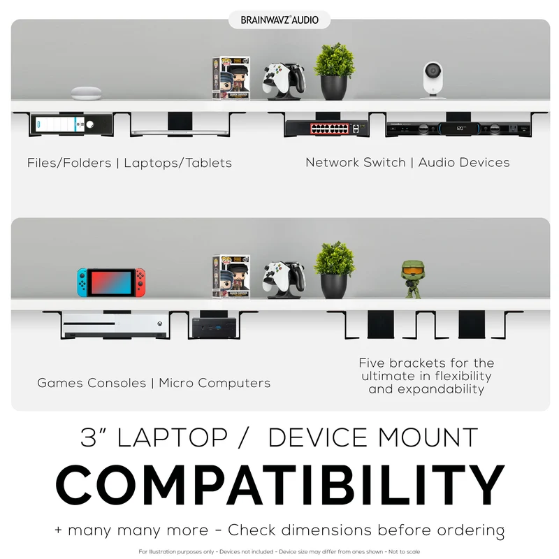 Support pour ordinateur portable et appareil double sous le bureau, adhésif et à visser, appareils jusqu'à 3 cm comme les petits ordinateurs portables Macbook Surface Clavier Routeurs Modems Boîte de câble Commutateur réseau et plus