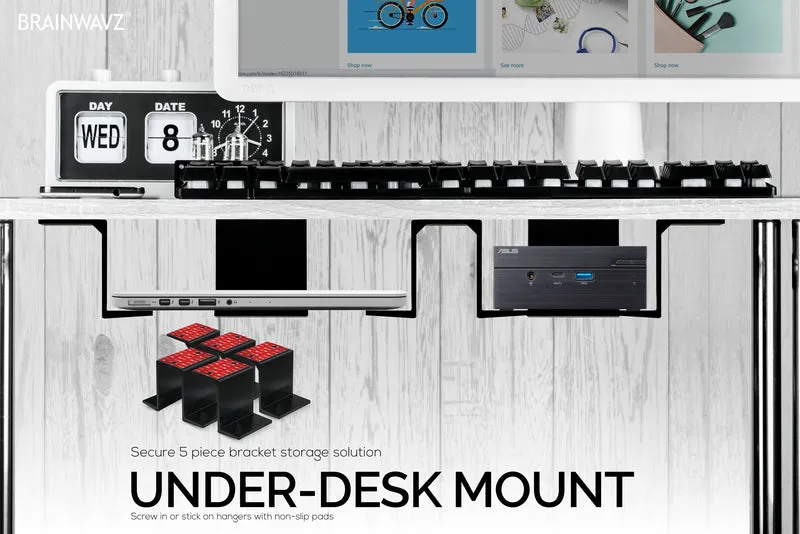 Support pour ordinateur portable et appareil double sous le bureau, adhésif et à visser, appareils jusqu'à 3 cm comme les petits ordinateurs portables Macbook Surface Clavier Routeurs Modems Boîte de câble Commutateur réseau et plus