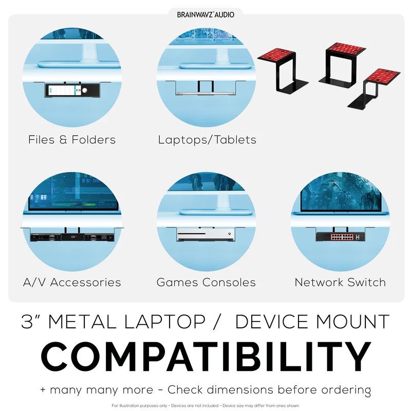 Ordinateur portable 3" en métal sous le bureau, boîtier de câble et support de routeur, adhésif et vissé, peut contenir jusqu'à 3" appareils comme les petits ordinateurs, Macbook, Surface, clavier, commutateur réseau, modems et plus encore.