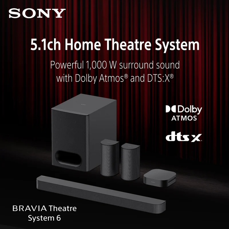 Sony | Système BRAVIA Theatre 6 | Système de cinéma maison 5.1ch | Puissance de sortie totale de 1000 W | Dolby Atmos®/DTS:X® | Modèle 2025