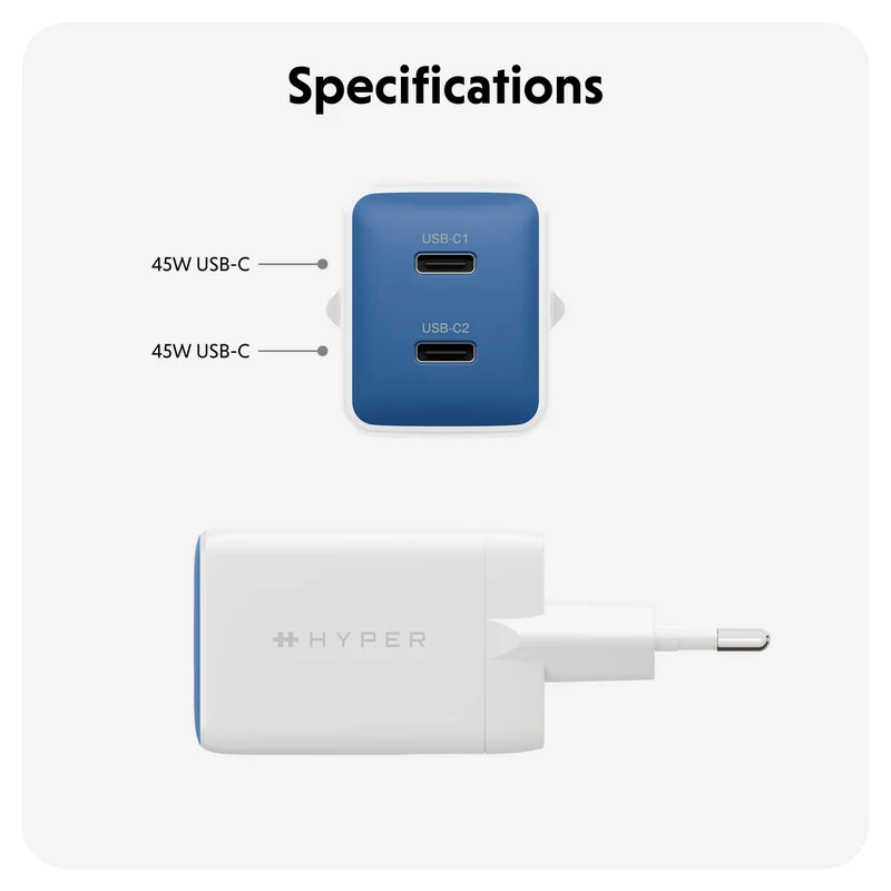 Chargeur mural HyperJuice Flex 45 W GaN - Bleu (UE)