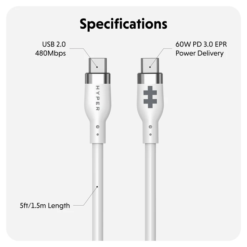 HyperJuice Câble de charge USB-C en silicone (1,5 m) - Blanc