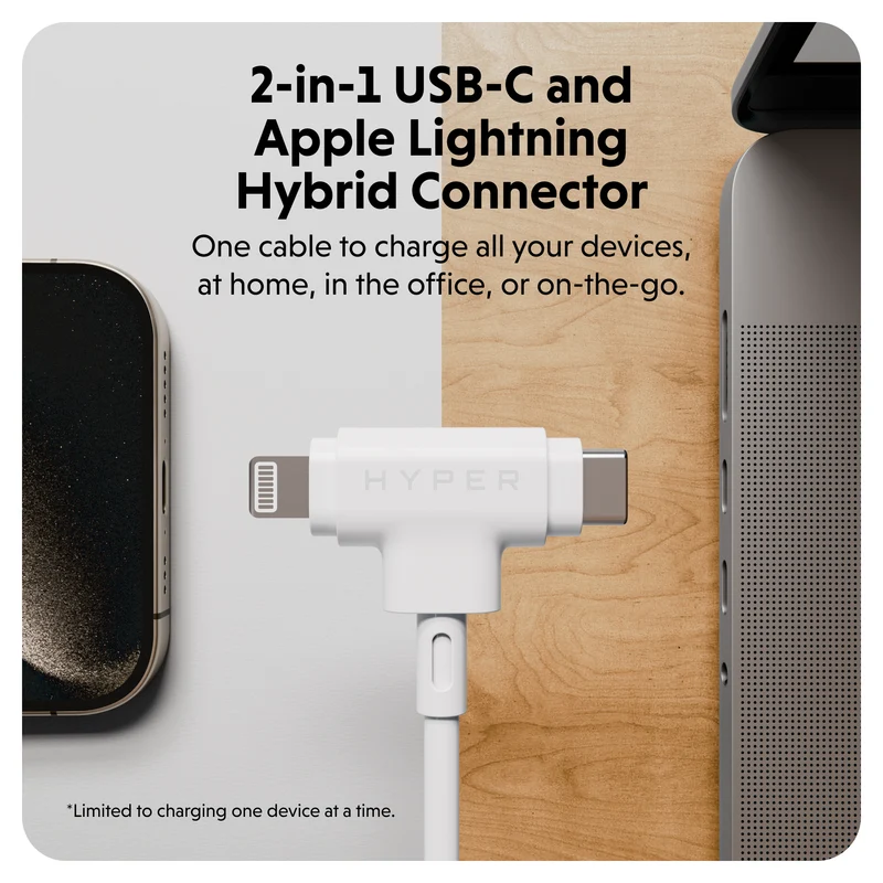 HyperJuice Câble hybride USB-C et Lightning en silicone (1,5 m) - Blanc
