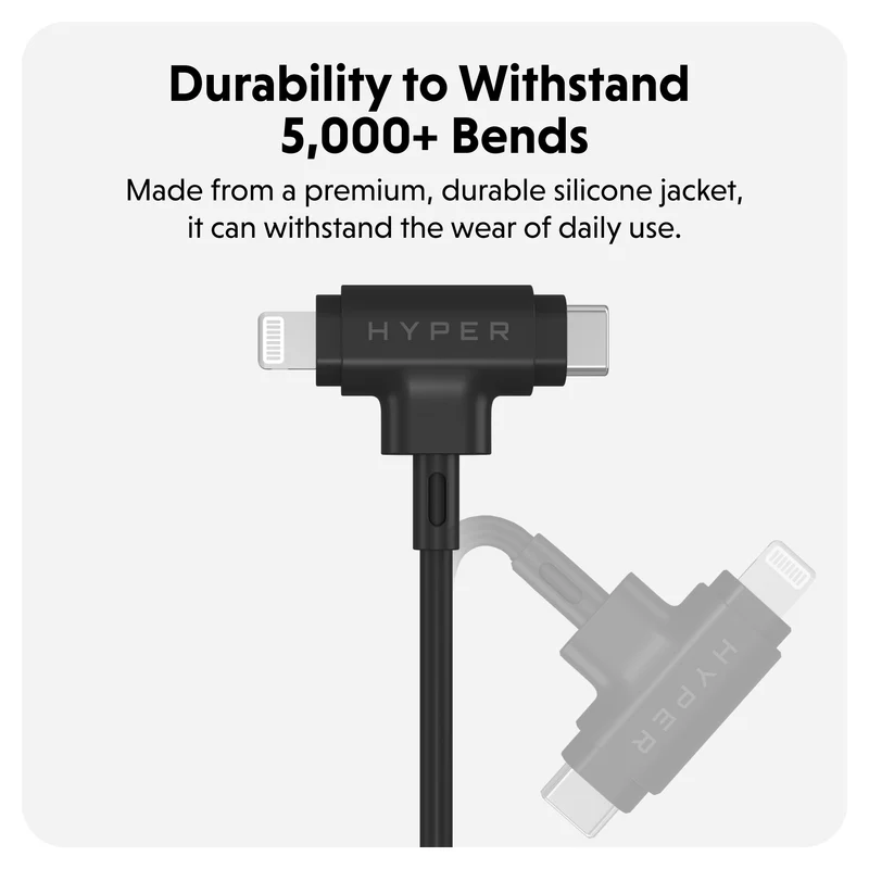 HyperJuice Câble hybride USB-C et Lightning en silicone (1,5 m) - Noir