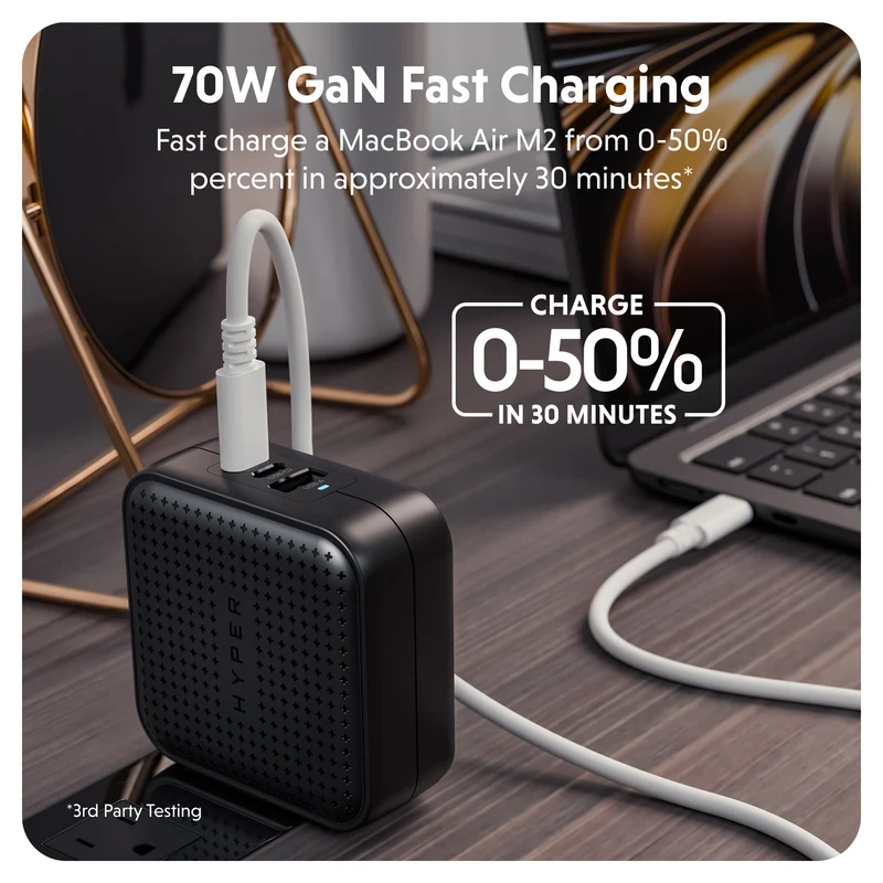 Chargeur de voyage HyperJuice® 70 W USB-C GaN testé pour la sécurité - Noir