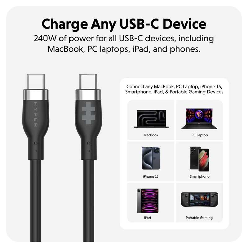 HyperJuice 240W Silicone USB-C to USB-C Cable (3ft/1m) - Noir