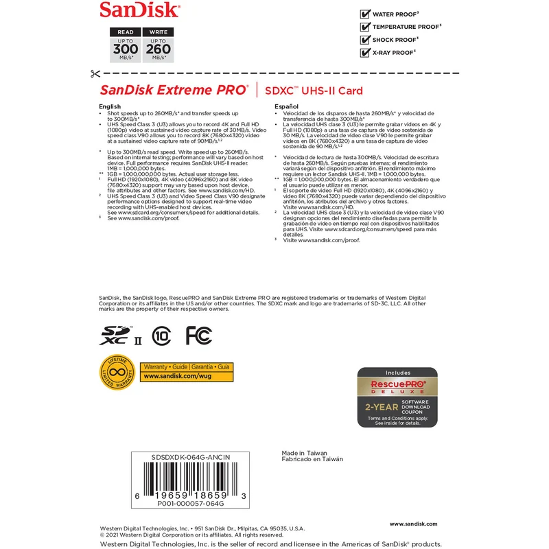 SanDisk 64GB Extreme PRO UHS-II SDXC V90 Memory Card